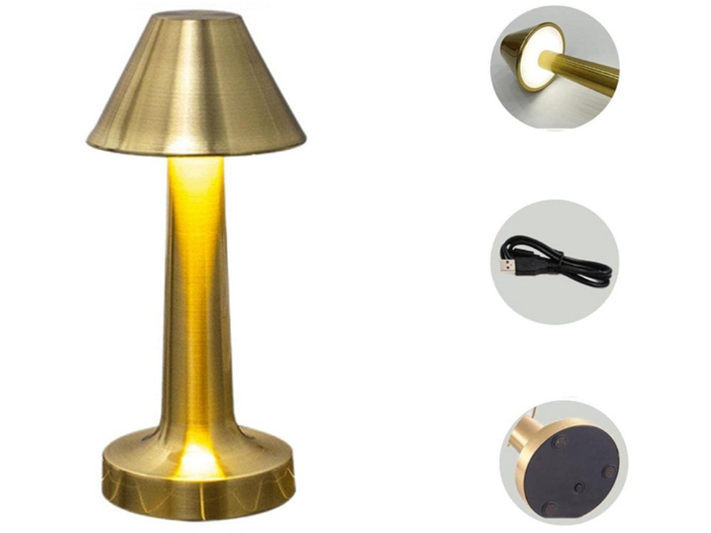 Lampa de masa touch LED reincarcabila, Zola, 3 nuante de culoare, baterie 1500 mAh, 3W, buton ON/OFF, USB. Type-C, 23.5x9.5x6.5 cm, din metal si plastic, auriu Lampa de masa touch LED reincarcabila, Zola, 3 nuante de culoare, baterie 1500 mAh, 3W, buton ON/OFF, USB. Type-C, 23.5x9.5x6.5 cm, din metal si plastic, auriu